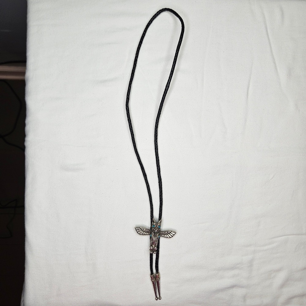 Vtg Bolo Tie Eagle Totem Silver Tone Turquoise Black Leather Braided Cord Native
